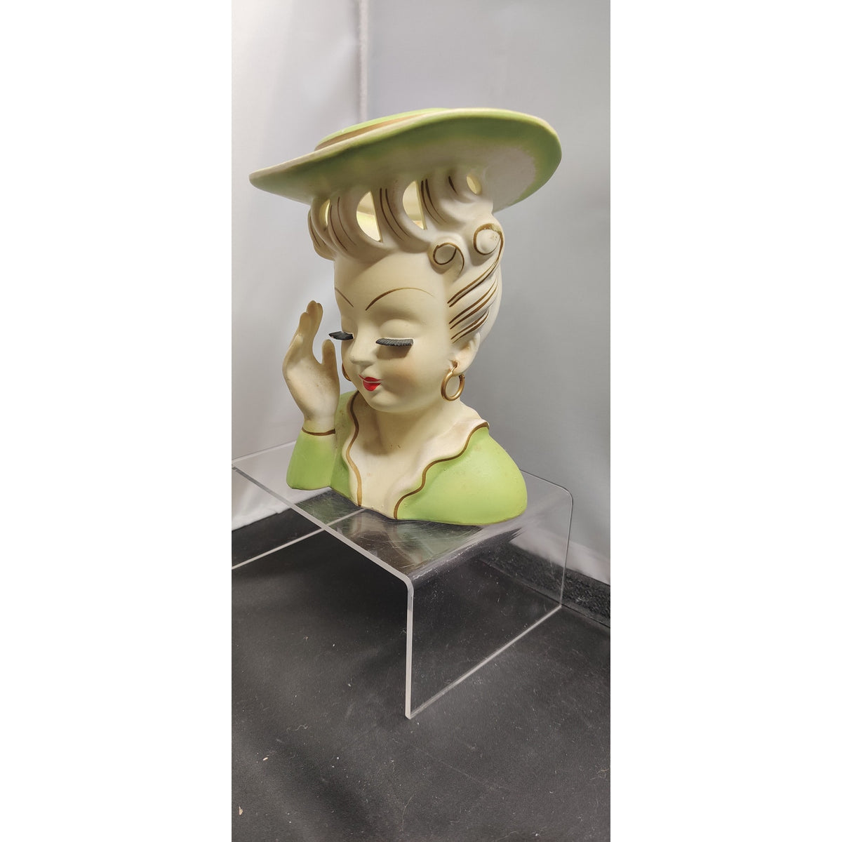 Vintage Green Hat Hand to Head Headache Lady Head Vase Planter Kitsch MidCentury