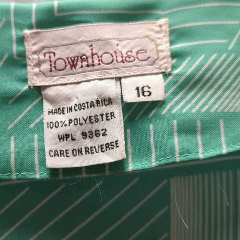 Vintage Townhouse Mint Green V-Neck Day Dress Geometric Print 16 80s Secretary