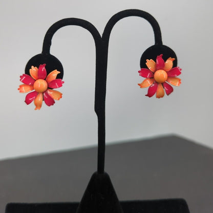 Vintage Orange & Persimmon Enameled Tiered Floral Clip On SunburstEarrings