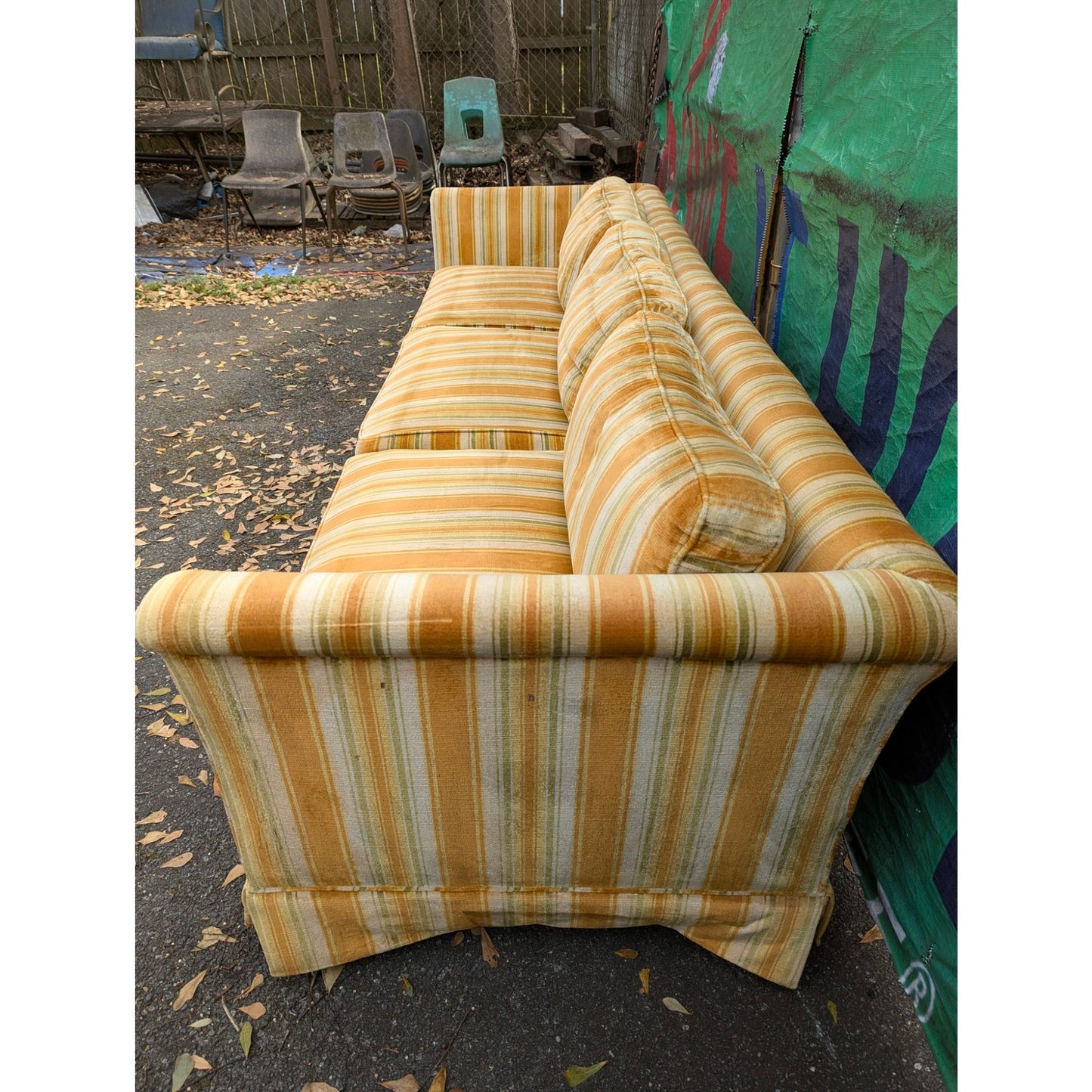 SECONDHAND SANDIES: Amazing vintage velvet Striped orange / yellow coch 8' long