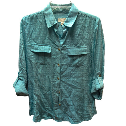 Charter Club Linen Blend Button Up Shirt Womens Small Turquoise Roll Tab Blouse