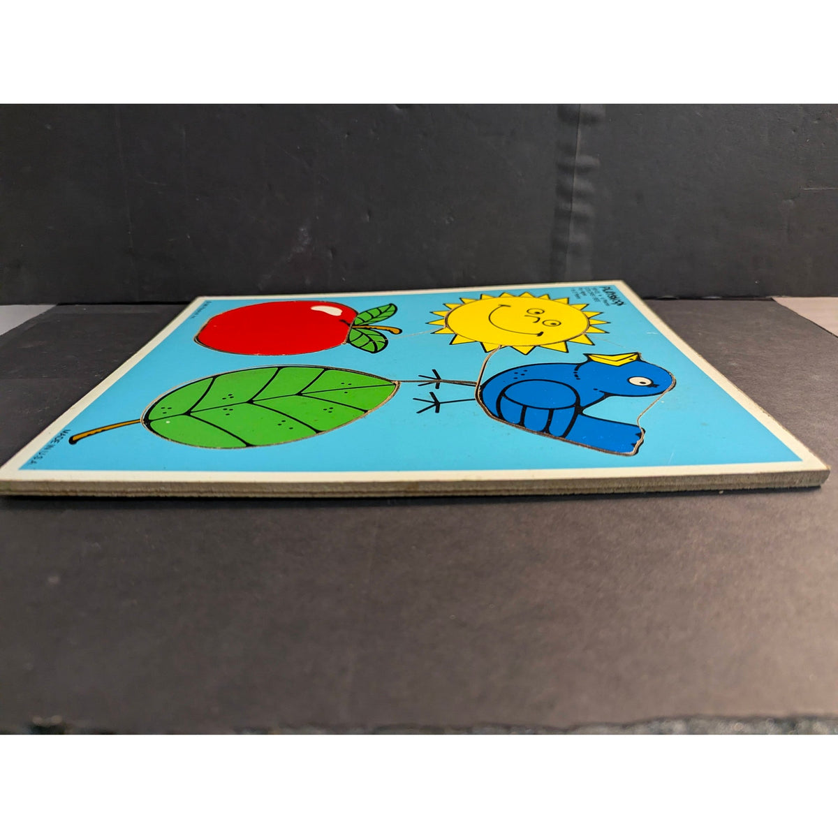 Vintage 1985 Playskool Wood Inlay Tray 1-3 yr old Puzzle Sun Bird Apple Leaf USA