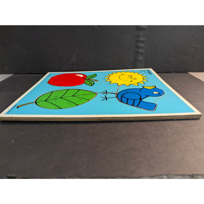 Vintage 1985 Playskool Wood Inlay Tray 1-3 yr old Puzzle Sun Bird Apple Leaf USA
