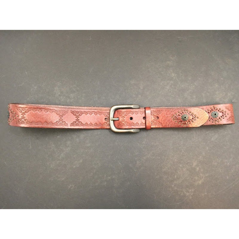 Fossil Tooled Leather Belt Brass buckle Floral Studded women's LARGE hippie boho