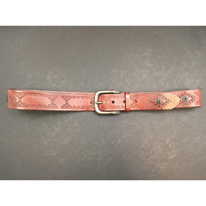 Fossil Tooled Leather Belt Brass buckle Floral Studded women's LARGE hippie boho