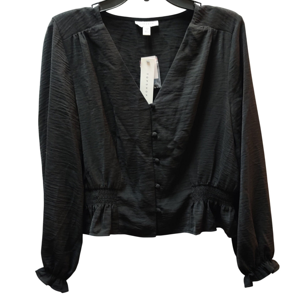 Topshop Black V-Neck Long Sleeve Blouse Textured Peplum Casual Elegant US 8