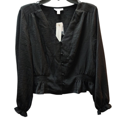 Topshop Black V-Neck Long Sleeve Blouse Textured Peplum Casual Elegant US 8
