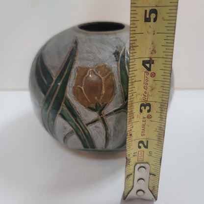 Vintage Mid Century Spherical Round Enamel and Brass Pot Vase Flowers