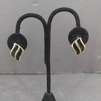Vintage Black and Gold Tone Curved Stripe Clip On Earrings 1980s glam