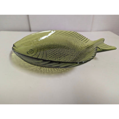 Vintage Olive Green Glass Fish Shaped Dish Ashtray Or Trinket Dish Coastal Beach