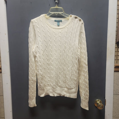 Lauren Ralph Lauren Cream Cable Knit Button Shoulder Sweater Medium Preppy Chic