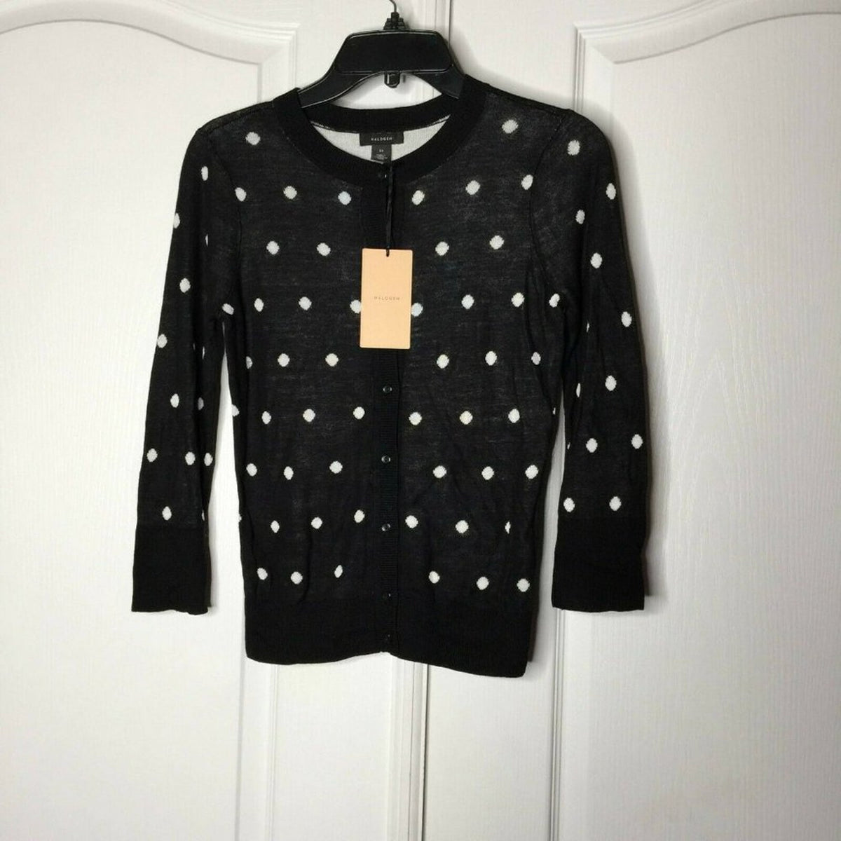 Halogen Crewneck Front Button Cardigan Sweater Small Black WHITE  POLKA DOT