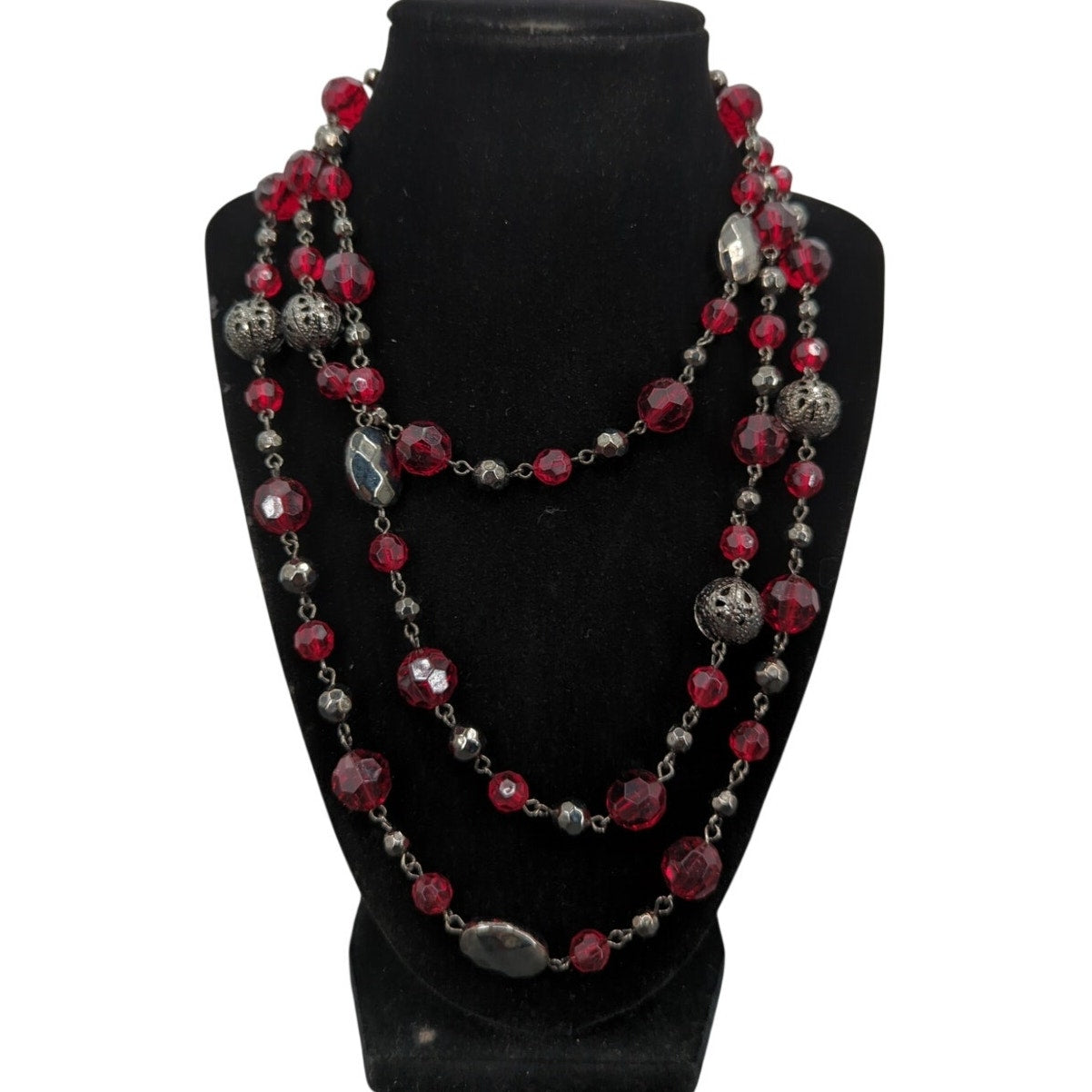 Vintage Fashion Necklace Triple-Strand Ruby Red Faceted Glass & Filigree 30"
