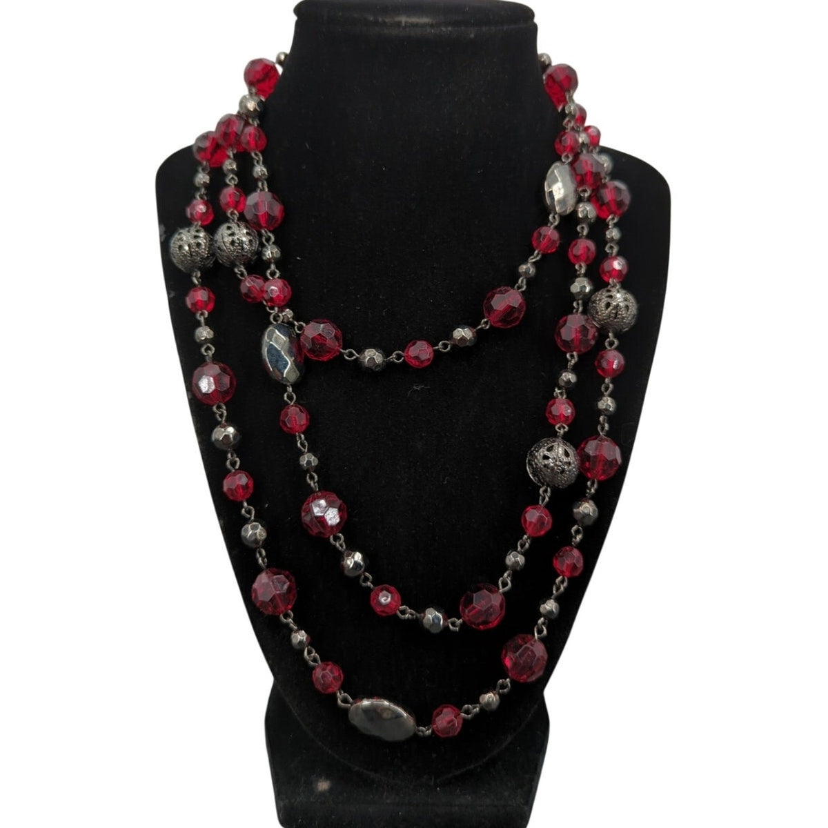 Vintage Fashion Necklace Triple-Strand Ruby Red Faceted Glass & Filigree 30"