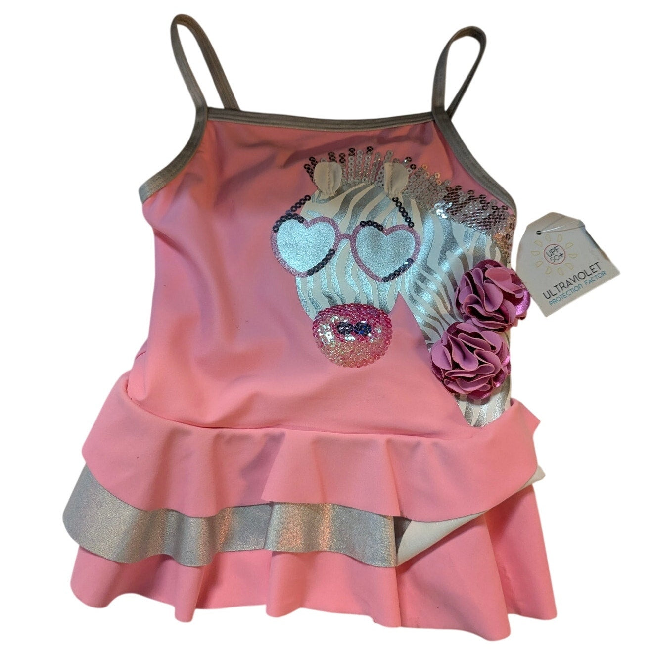NWT Flapappyles Girls Pink & Silver Zebra Swim Dress Size 4 Swimsuit One Piece