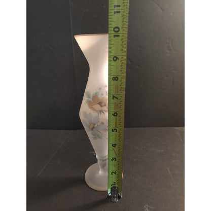 Vintage Frosted Satin Glass Hand Painted Floral Bud Vase Gold Trim