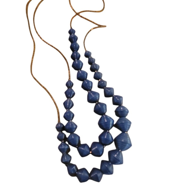 2 Necklaces Blue Spiral graduated beads gold tone 14" fashion jewelry