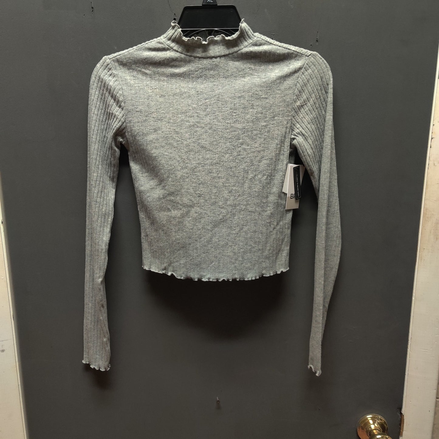 BP. Grey Ribbed Long Sleeve Mock Neck Top New Minimalist Casual Lettuce Hem