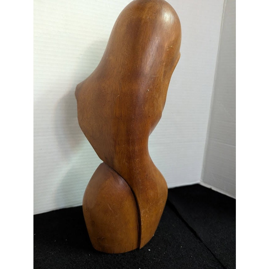 Mid-Century Modern Hand-Carved Wood Bust Sculpture – Stylized Female Form