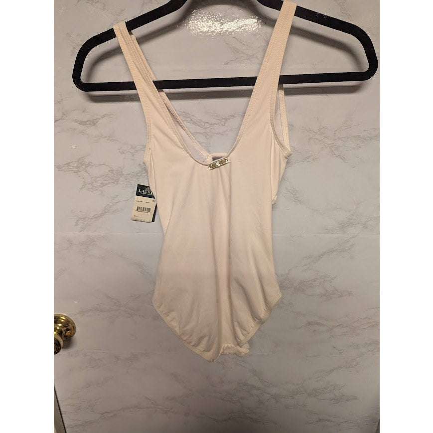 NEW Lauren Ralph Lauren White One Piece Swimsuit Size 4 ruched flattering front