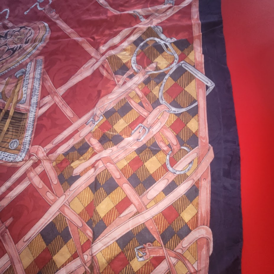 Vintage Italian Silk Scarf Red Navy Equestrian Saddle Old Money Heritage Style