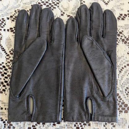 Vintage Fownes Charcoal Gray Leather Gloves Size 6.5 Rayon Lined Geometric