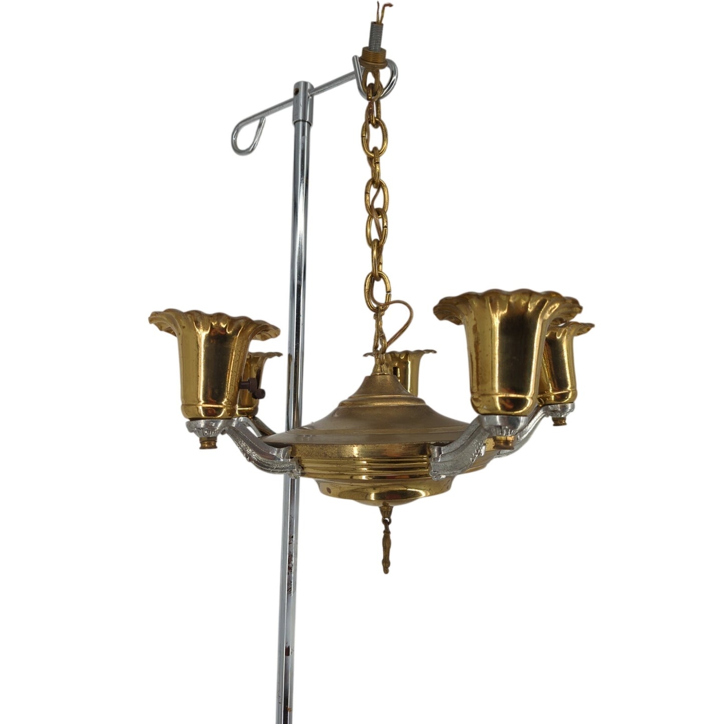 Vintage 5-Arm Two-Tone Brass & Chrome Chandelier Tulip Shades Hollywood Regency