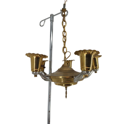 Vintage 5-Arm Two-Tone Brass & Chrome Chandelier Tulip Shades Hollywood Regency