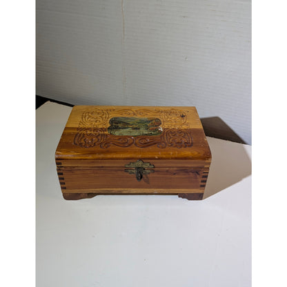 Vintage Carved Cedar Keepsake Box Footed Jewelry Stash Chest Rustic Lodge