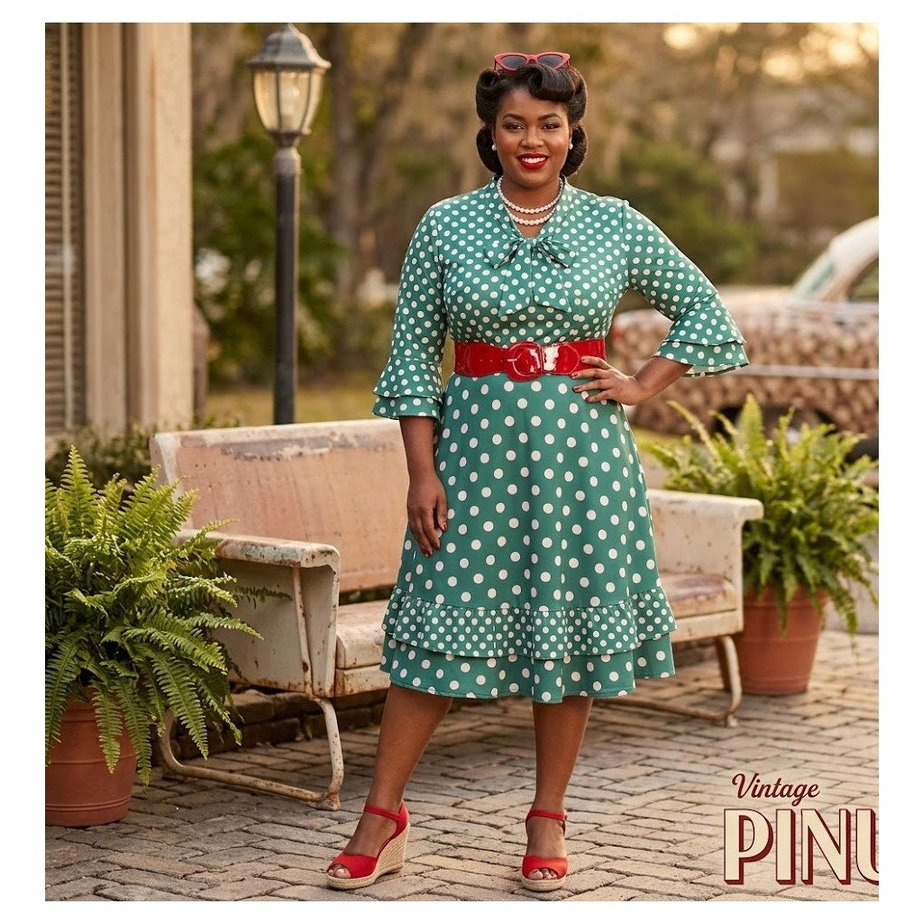 Vintage Kelly Green Polka Dot Pussy Bow Ruffle Hem Dress 16 Retro Pinup