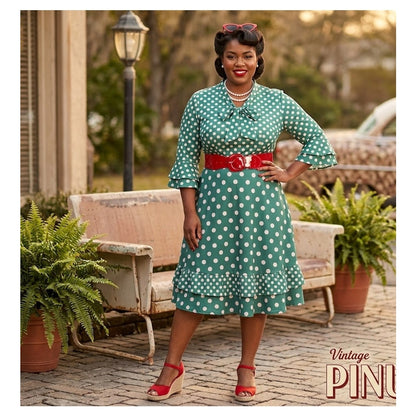Vintage Kelly Green Polka Dot Pussy Bow Ruffle Hem Dress 16 Retro Pinup