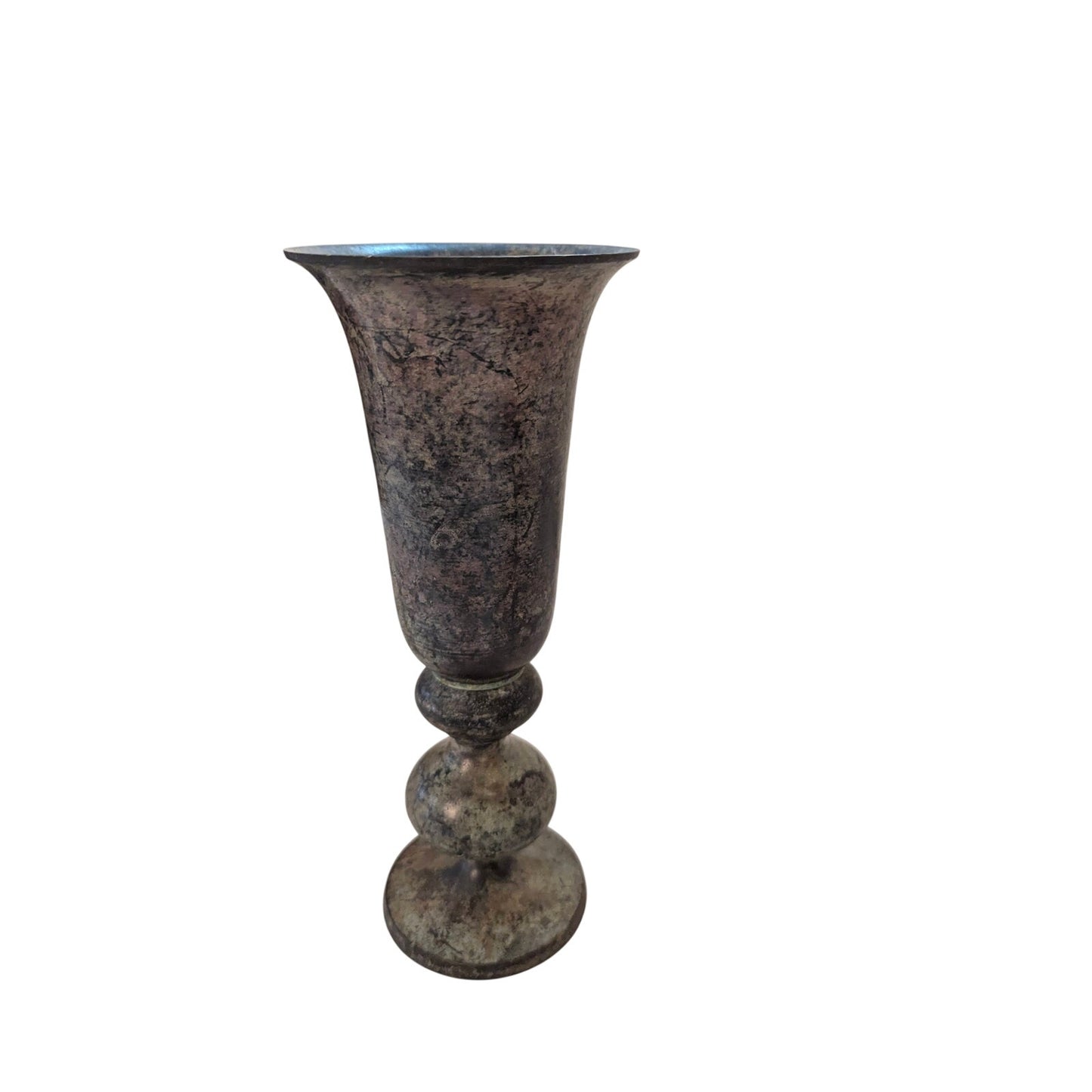 Vintage Antique Brass Trumpet Vase Distressed Etched Verdigris Metal 10"