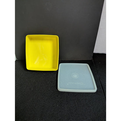 Vintage Tupperware Yellow Square Shallow Food Storage Container Sheer Lid Retro