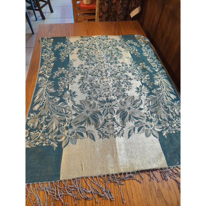 Luxury Teal Blue & Metallic Gold Floral Jacquard Pashmina Silk Blend Scarf Shawl