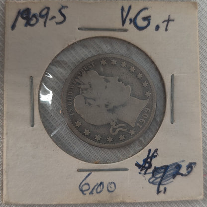 1909-S Barber Silver Half Dollar - Vintage San Francisco Mint US Coin - VG+