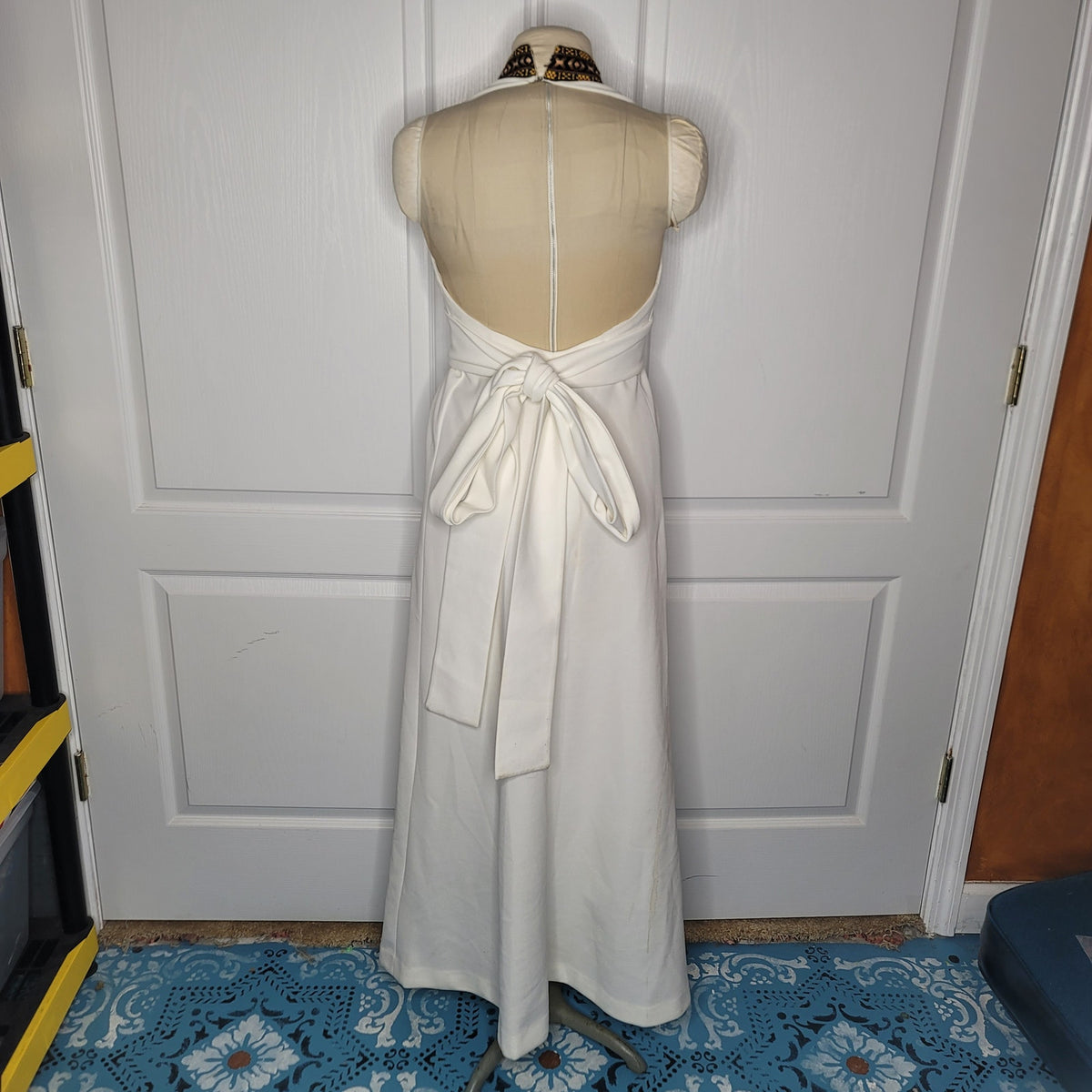 Vintage 60s Polyester Halter Maxi Small White Boho Center Stripe Woven Detail3