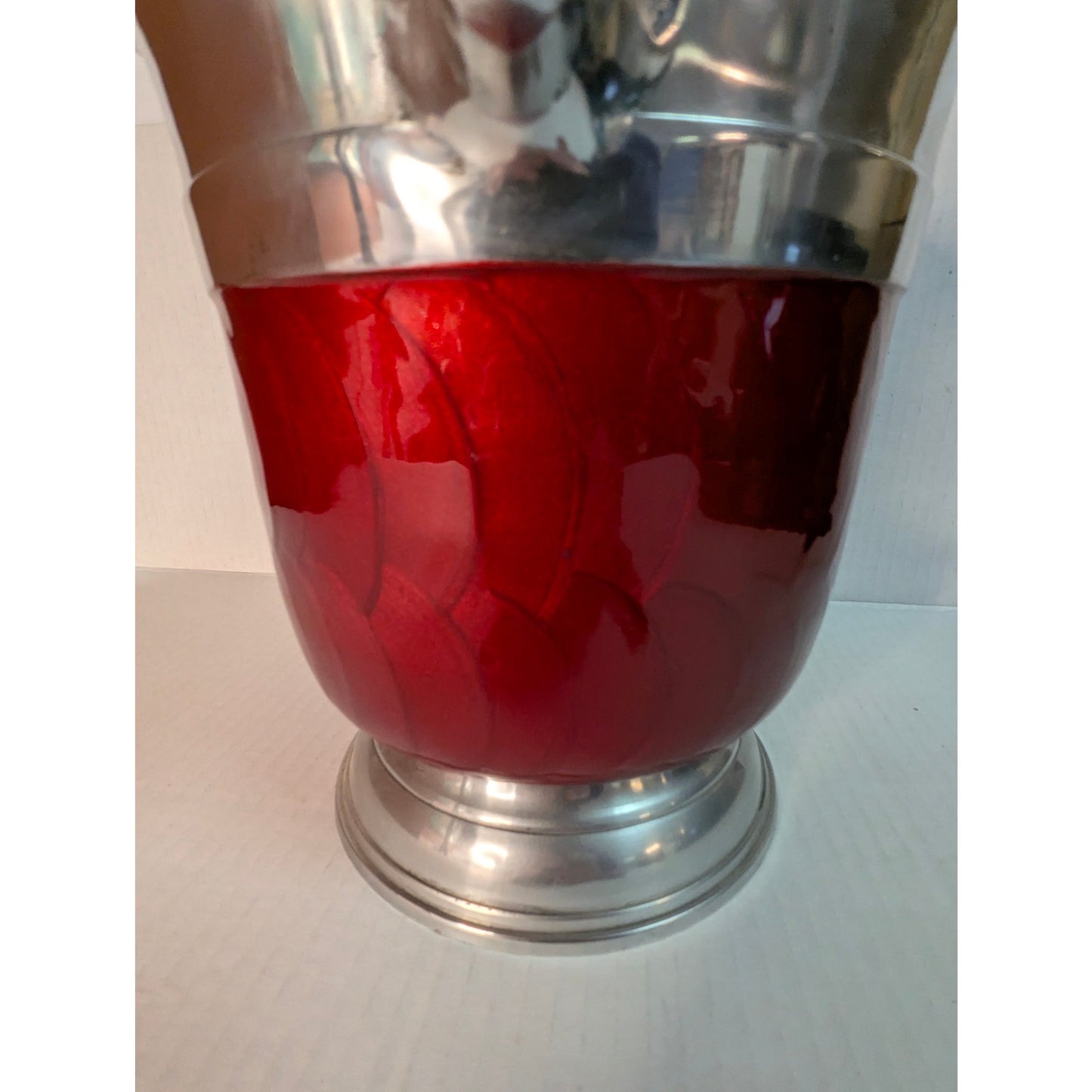 Vintage Red Enamel & Silver Stag Head Ice Bucket champagne Cabin Ski lodge