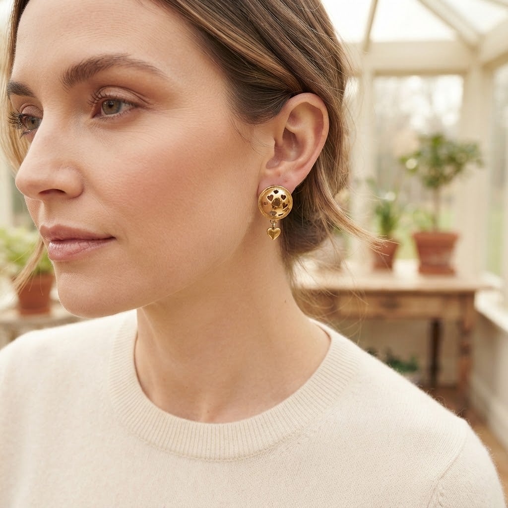 Vintage Gold-Tone Cutout Heart Dangle Stud Earrings Romantic Retro Jewelry