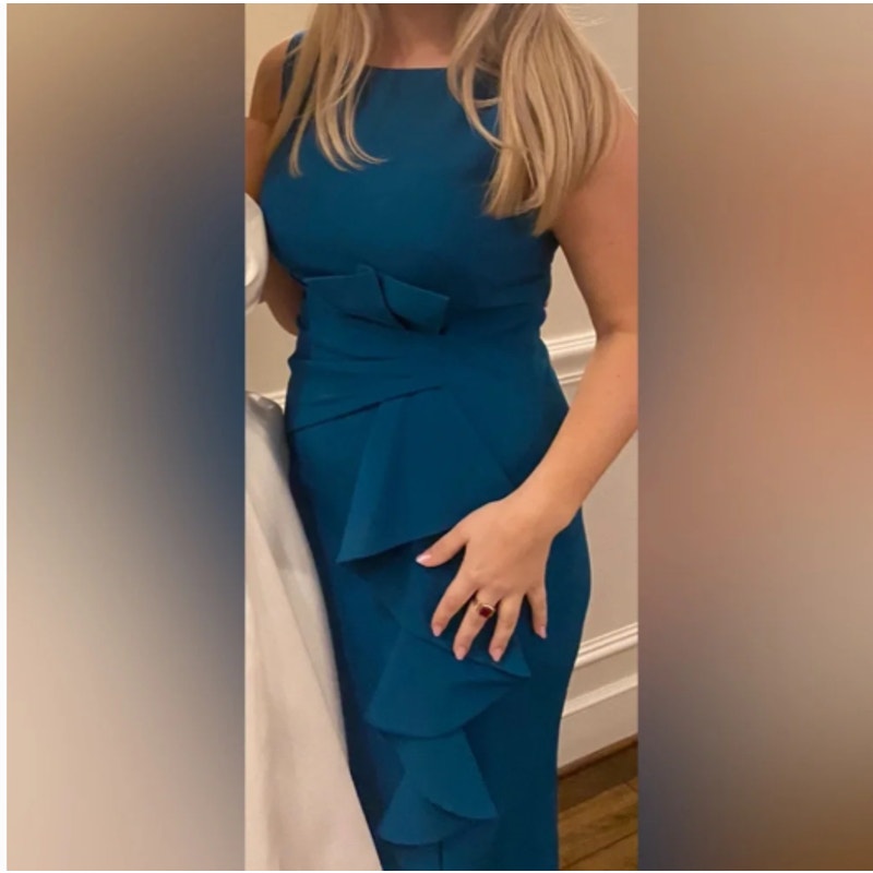 Eliza J Size 10 Laguna Teal Stretch Crepe Ruffle Slit Formal Gown Wedding event