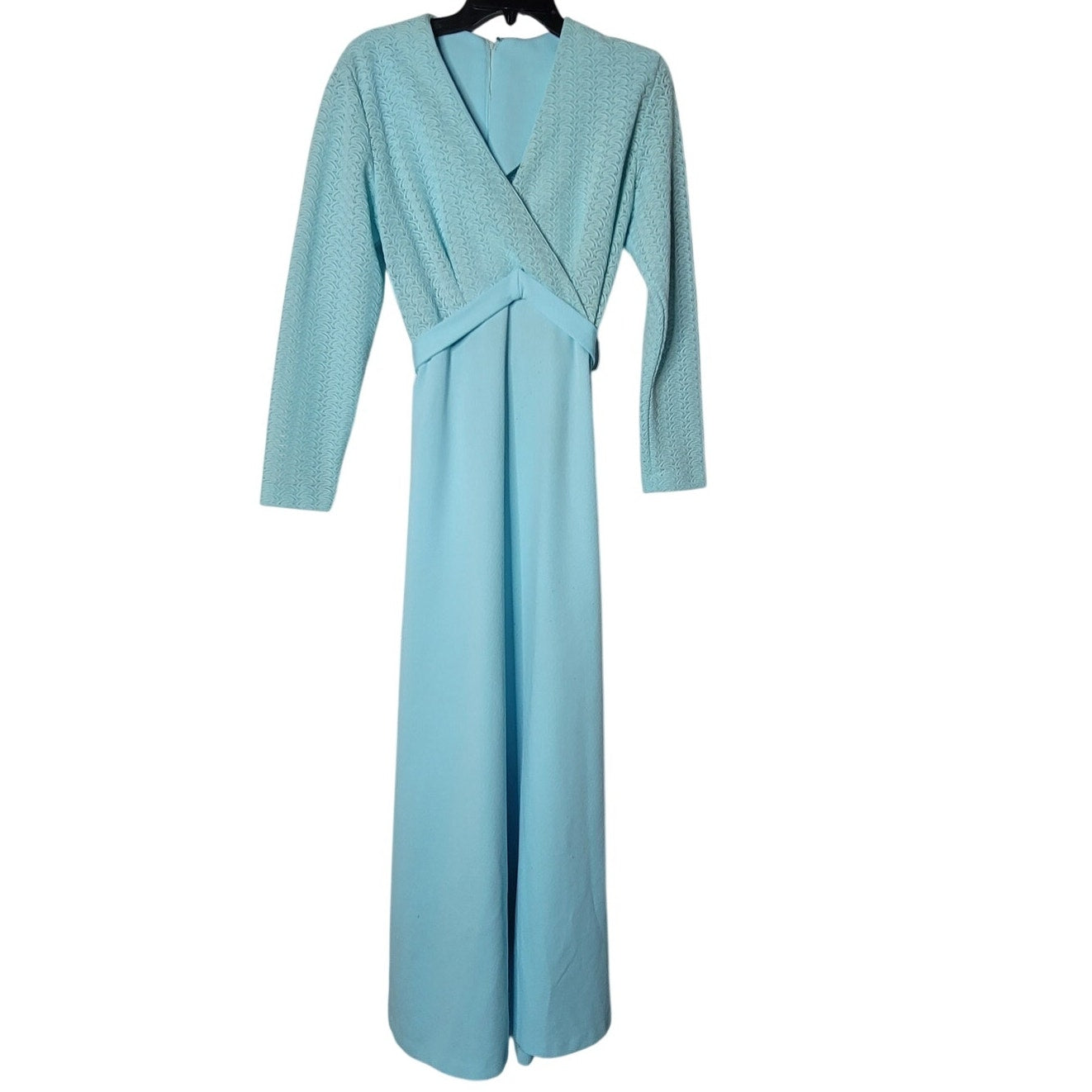 Vintage 70s Sears Blue Lace VNeck Maxi Dress Long Sleeve Mod Medium / Large Belt