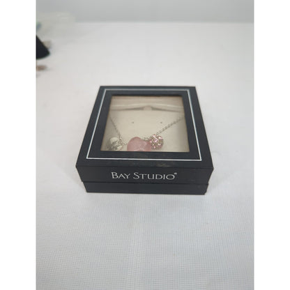 Vintage Silver Tone Pink Glass Heart Charm Necklace Boxed