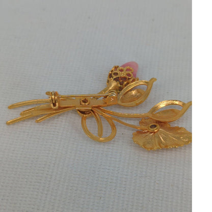 Vintage Gold-Tone Pink Floral Bouquet Brooch Pin Flower Spray