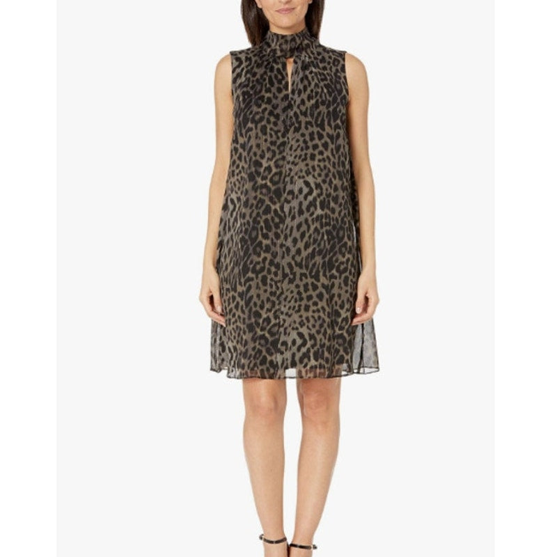 London Times SMALL Leopard Print Sleeveless A-line Tie Neck Dress Size 4 NEW