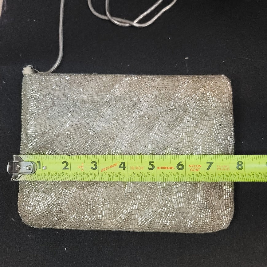 Vintage Beaded Evening Bag Cream Metallic Clutch damaged strap