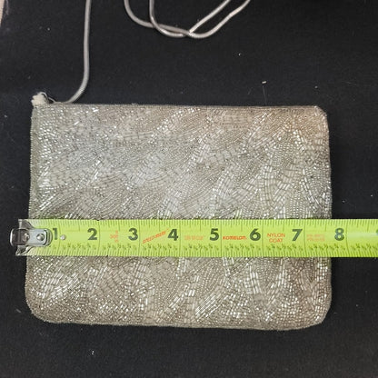 Vintage Beaded Evening Bag Cream Metallic Clutch damaged strap
