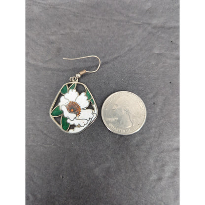 Vintage Floral Cloisonné Enamel Dangle Earrings Silver Tone Pierced Retro