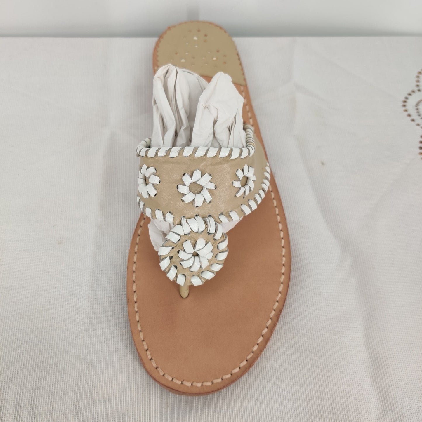 Palm Beach Sandals Tan and White Leather Flat Sandals Size 10 Made in USA