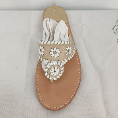 Palm Beach Sandals Tan and White Leather Flat Sandals Size 10 Made in USA