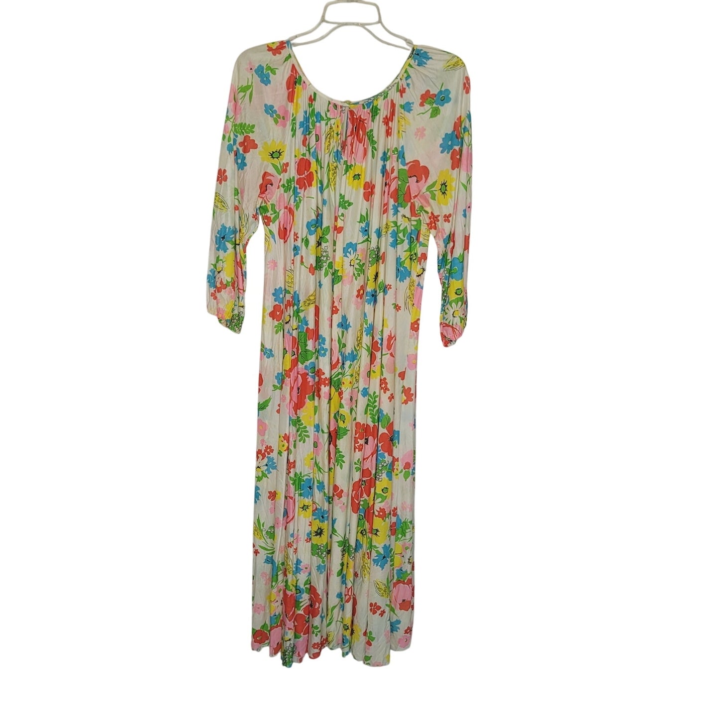 Vintage Poly Pajama Housedress PJs Floral Maxi Long Sleeve raw hem LARGE/XL