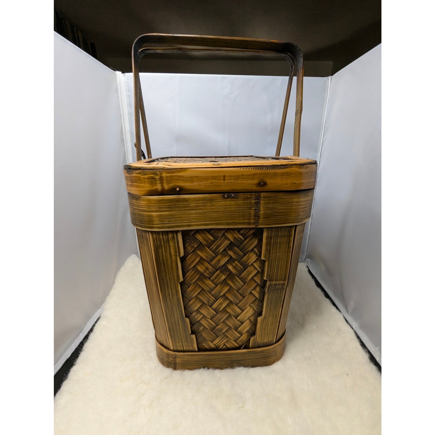 Vintage Bamboo Rattan Box Purse Top Handle Woven Sewing Basket Lunch Pail 70's